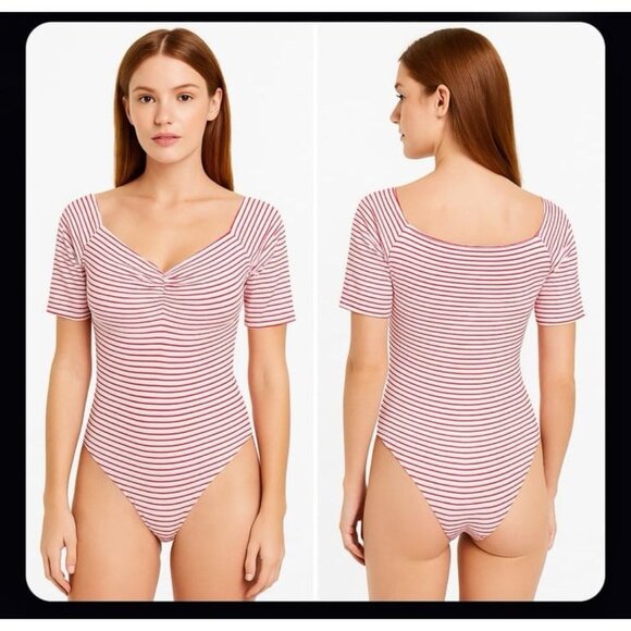 Boohoo Red & White Striped Ribbed V-Neck Bodysuit Size US 6 / UK 10 - Picture 1 of 9